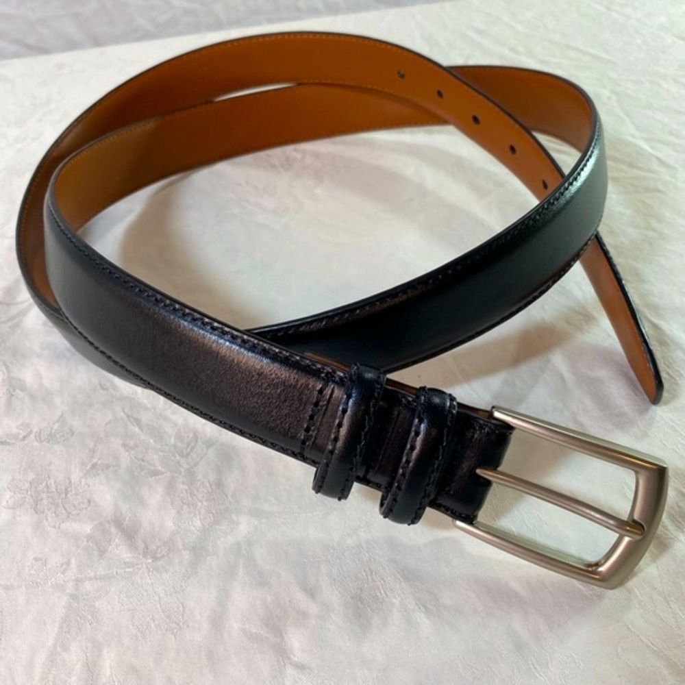 Lands' End Glove Leather Loafer Belt Black Sz 46 Silver Buckle Like New